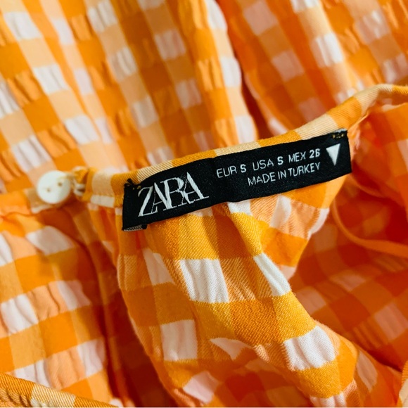 Zara Checkered Crop Top Orange White Long Puff Sleeves Size Small NWOT - Picture 11 of 12